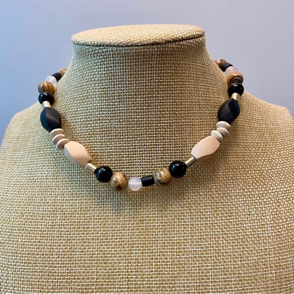 NWT The Sak Black & Brown Beaded Necklace in Gold 16” length